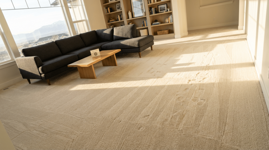 A bright living room with a dark sectional sofa, wooden coffee table, bookshelves, and freshly vacuumed carpet shows off beautiful lines from recent Carpet Cleaning in West Jordan.