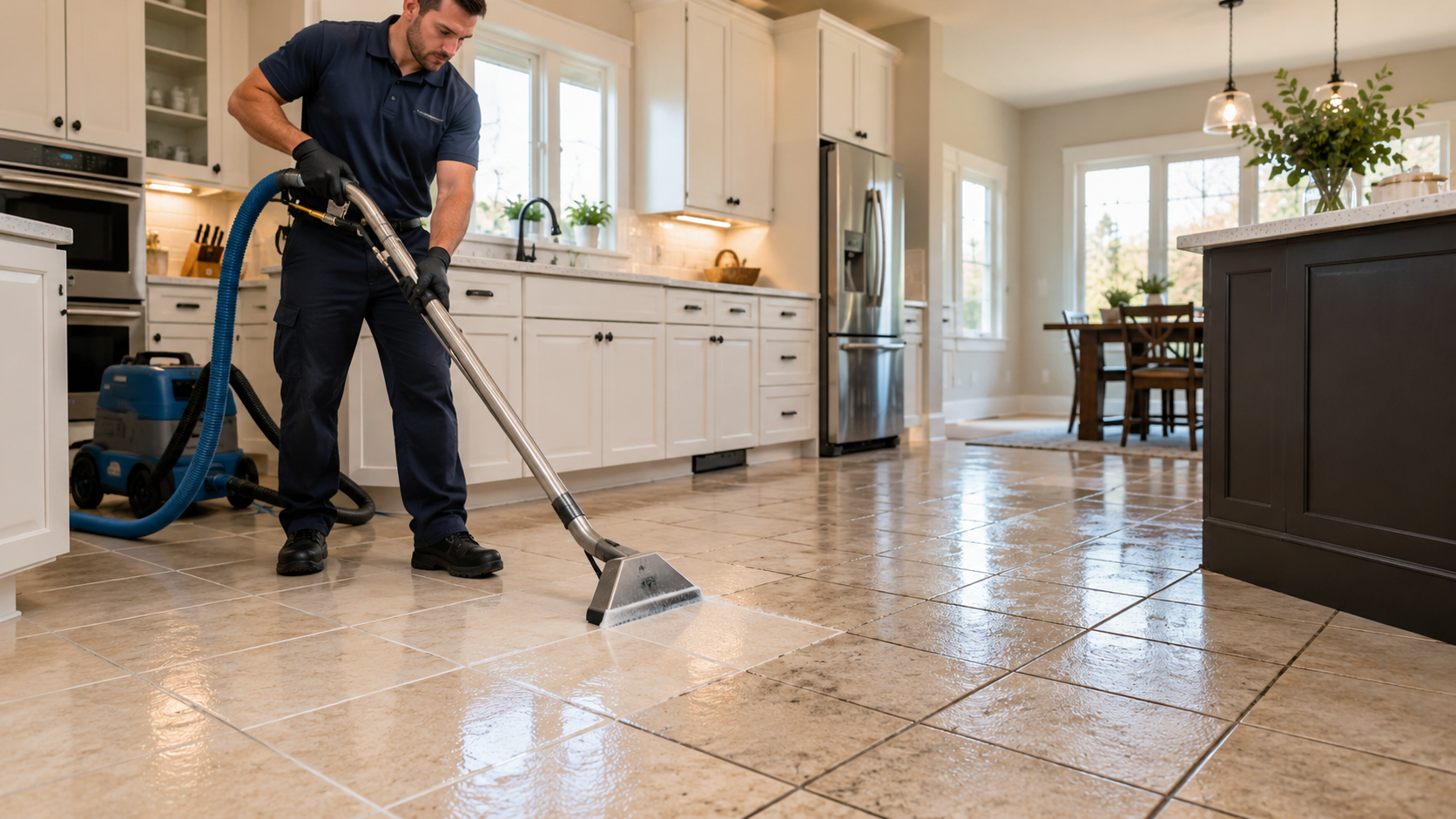 A professional cleaner uses a steam extraction machine to perform tile and grout cleaning on a residential floor.