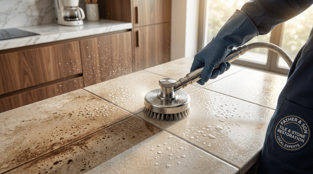 Carpet Cleaning & Home Services in South Salt Lake, UT - Father and Son Carpet Cleaning A person wearing gloves uses a power scrubber to clean dirty tile countertops in a kitchen, with water and grime visible—showcasing the attention to detail found in South Salt Lake Home Services and Carpet Cleaning.