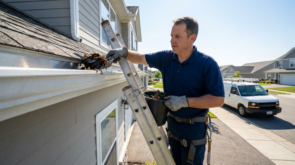 Carpet Cleaning & Home Services in Murray, Utah - Father and Son Carpet Cleaning A man on a ladder cleans leaves and debris from a house gutter in Murray, Utah, holding a bucket. Providing essential home services, he works efficiently while a white pickup truck is parked on the street nearby.