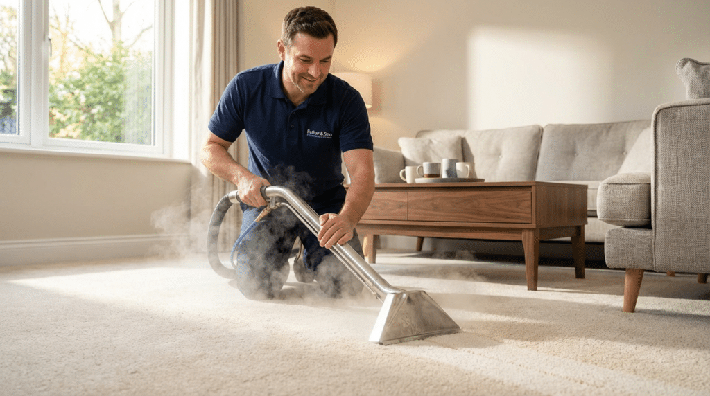 The Ultimate Guide to Carpet Cleaning Cost in Utah - Father and Son Carpet Cleaning A man uses a steam cleaning machine to clean a carpet in a Utah living room with a sofa, coffee table, and large window, showing how professional service can impact carpet cleaning cost.