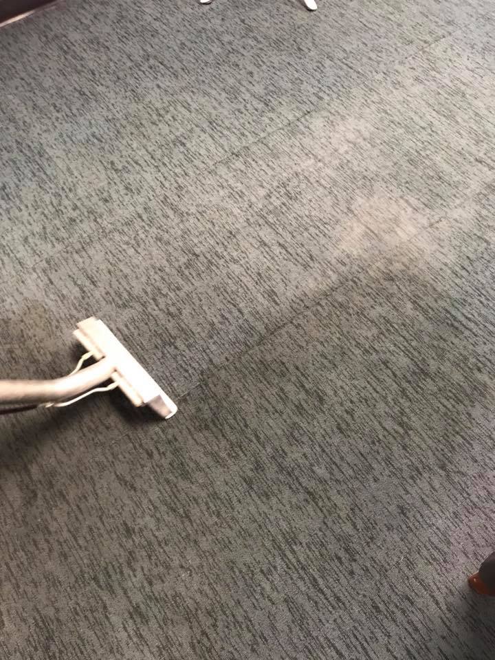 Residential Carpet Cleaning Cost Guide: Pricing & What to Expect - Father and Son Carpet Cleaning A carpet cleaning tool moves across gray carpet, revealing a sharp contrast between cleaned and uncleaned sections, a common task for professional residential carpet cleaning.