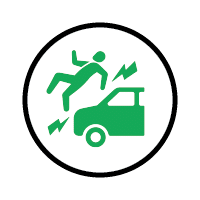 Icon depicting a green car with a figure being ejected from it in Utah, accompanied by lightning bolts, symbolizing an electric shock or accident.