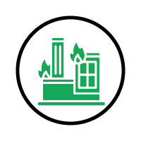 A circular green and white icon depicting a factory with smokestacks emitting flames next to a burning building undergoing trauma cleanup.
