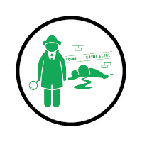 Graphic of a detective with a magnifying glass at a crime scene cleanup, depicted within a circular border.