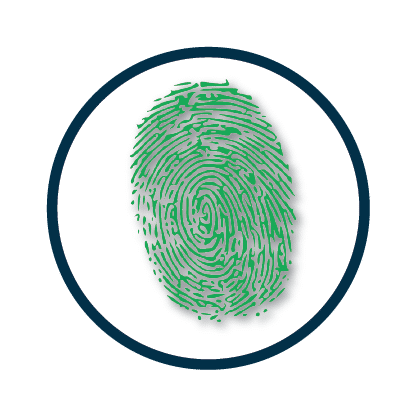 Green fingerprint illustration encircled by a navy blue line on a white background.