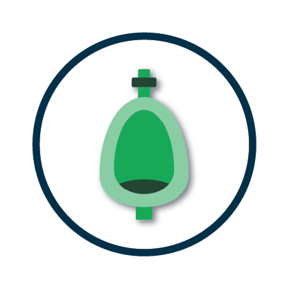 A green urinal icon centered within a blue circular background.