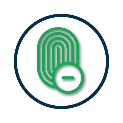 Green fingerprint icon with a minus sign, representing services offered, enclosed in a blue circle.