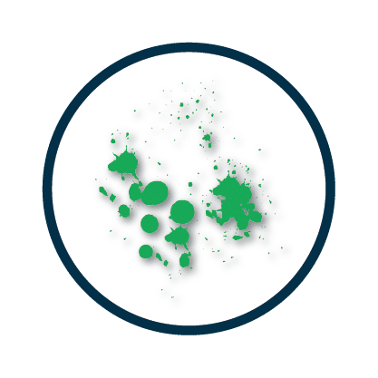 A graphic of vibrant green paint splatters contained within a bold black circle on a stark white background.
