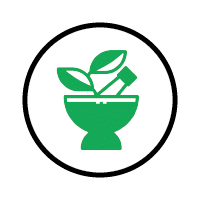 Circular icon featuring a green mortar and pestle with plant leaves, symbolizing natural medicine or herbal pharmacy for the health and wellness industry.