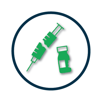 Green syringe and vaccine vial icons within a blue medical circle.