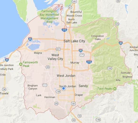 Map showing Salt Lake County in Utah, outlined in red, with major cities, highways, natural landmarks, and locations of top Carpet Cleaning Services labeled.