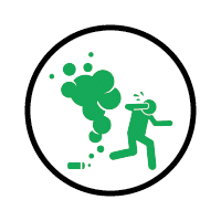Graphic icon illustrating a person in green sneezing or coughing, with a burst of particles, inside a circular green frame representing health services offered.