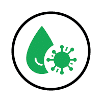 Circular icon with a green droplet and virus symbol, suggesting themes of health, safety, or infection control in the context of services offered.