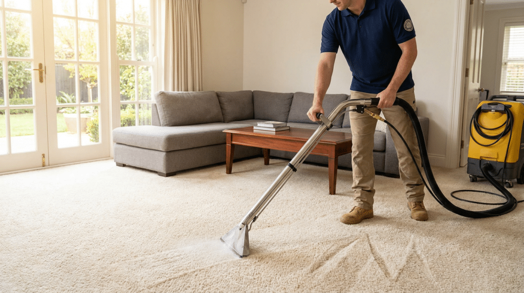 Carpet Cleaning & Home Services in Riverton - Father and Son Carpet Cleaning A person is performing Carpet Cleaning in a Riverton living room using a professional machine. A gray sofa and a wooden coffee table are visible in the background.
