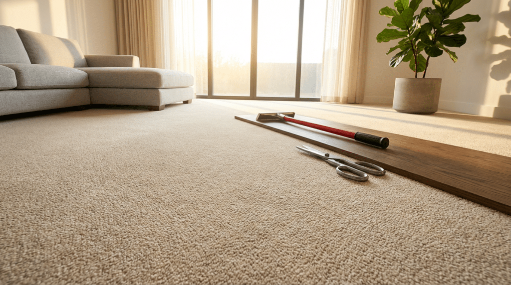 5 Common Carpet Repair Issues & When to Call a Pro - Father and Son Carpet Cleaning A carpeted living room with a sofa, a large window, a potted plant, and tools including scissors and a measuring stick on the floor, suggesting ongoing professional carpet repair to address common carpet issues.