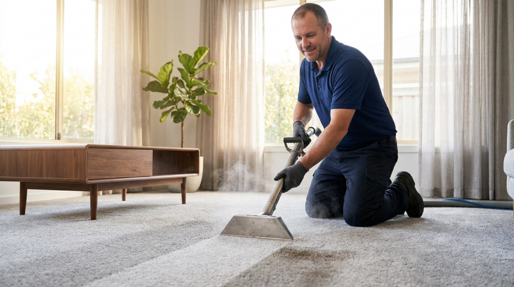Carpet Cleaning & Home Services in Herriman, Utah - Father and Son Carpet Cleaning A man in a blue shirt and gloves uses a steam cleaner to clean a light gray carpet in a bright living room with large windows.