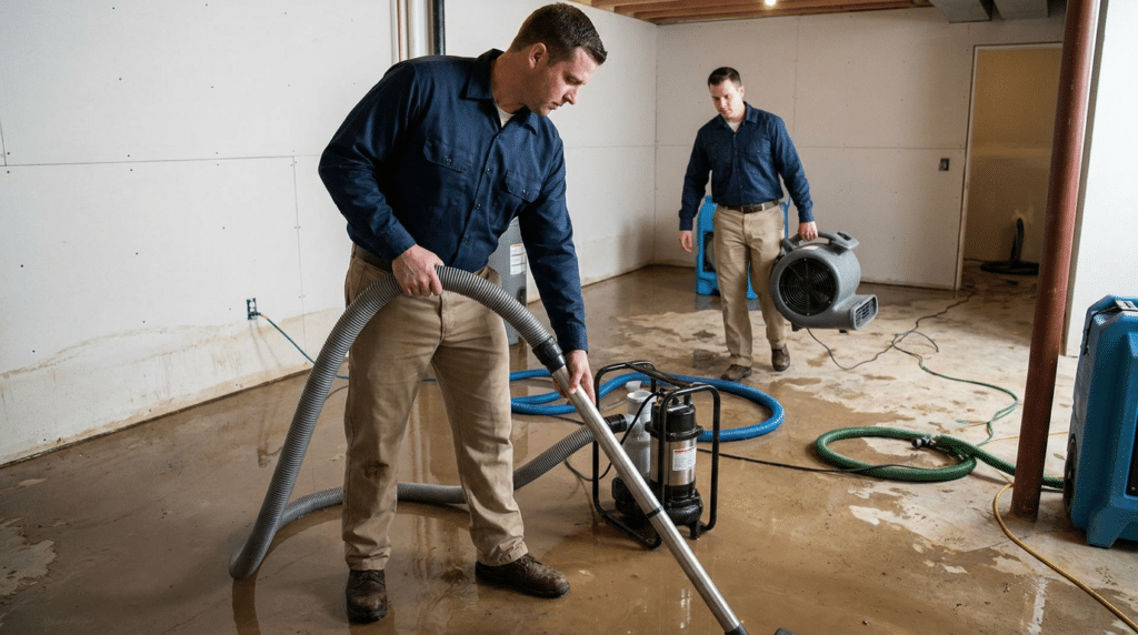 Flood Water Extraction FAQ - Father and Son Carpet Cleaning Two men in work uniforms perform flood cleanup in a basement, using a water vacuum and air blower for efficient flood water extraction.