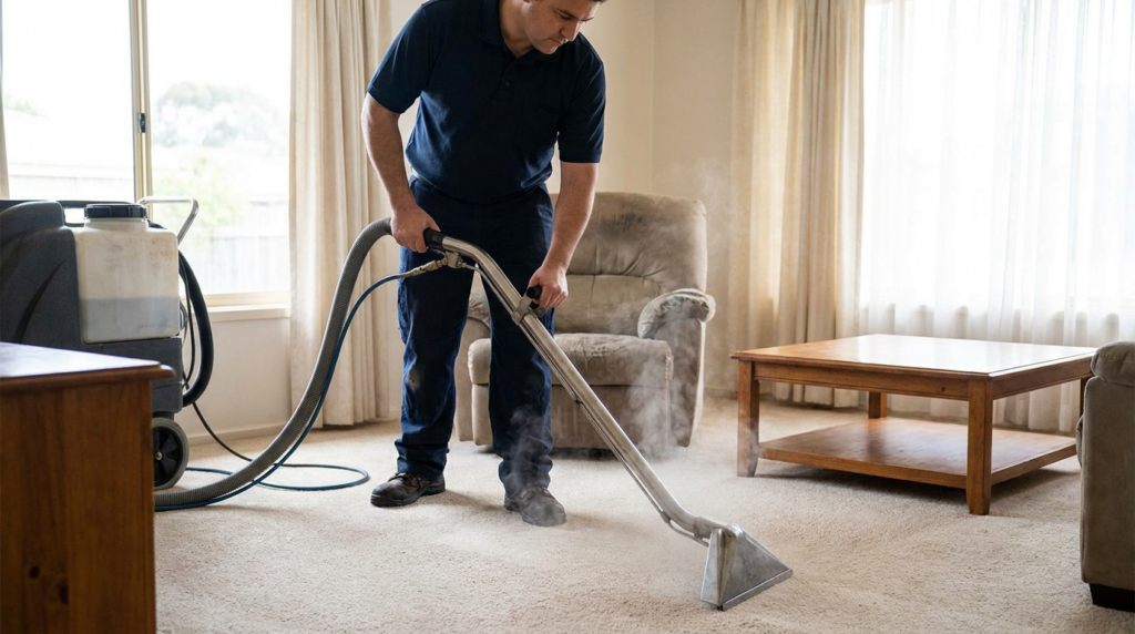 How to Choose the Right Residential Carpet Cleaning: Complete Guide - Father and Son Carpet Cleaning A person in a blue shirt uses a steam cleaner to clean a beige carpet in a living room with armchairs, tables, and large windows, demonstrating an effective residential carpet cleaning method.
