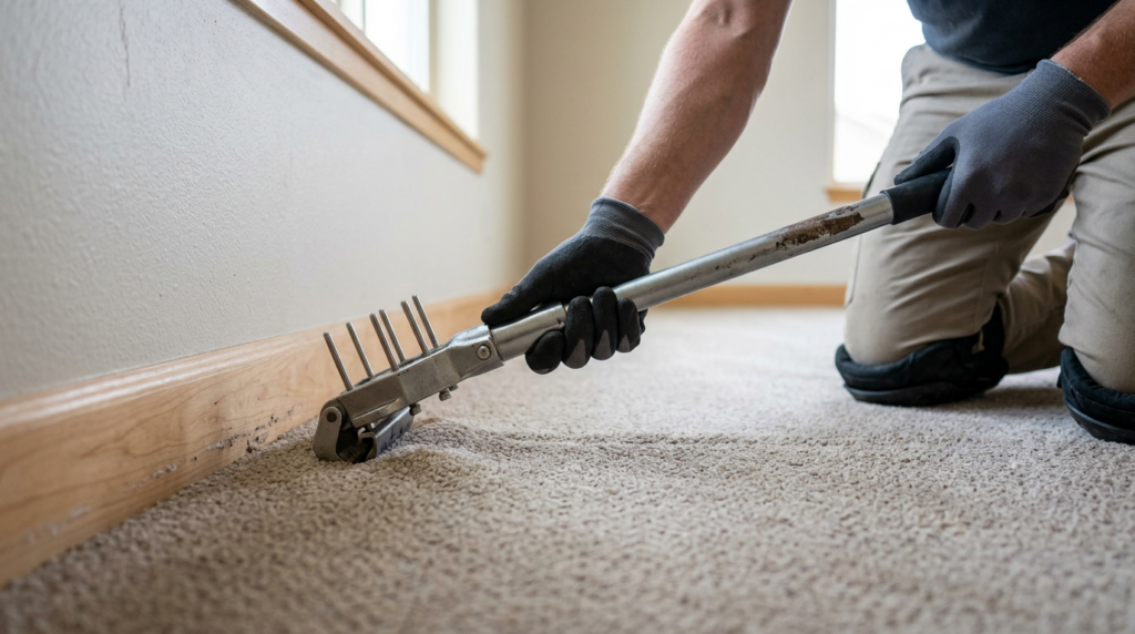 Person kneeling and using a carpet stretcher tool to install beige carpet along the baseboard in a naturally lit room—perfect for Highland UT home services.