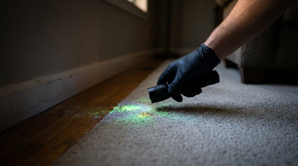 A gloved hand shines a UV flashlight on a carpet near a hardwood floor, revealing a glowing stain—showcasing the need for professional Carpet Cleaning in Kearns UT to restore your home’s freshness.
