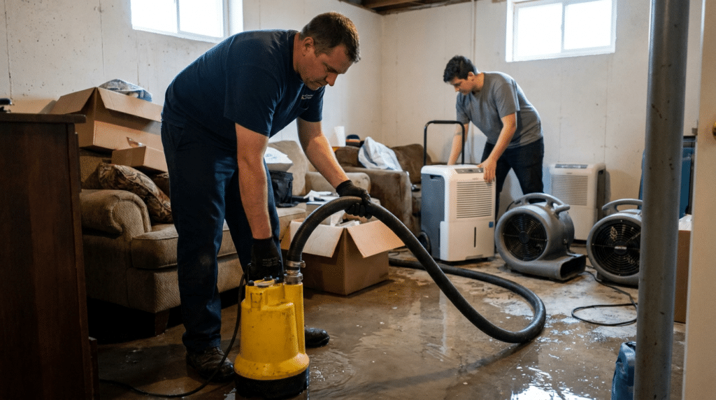 Flood Water Extraction FAQ - Father and Son Carpet Cleaning Two people work in a flooded basement; one uses a submersible pump for flood water extraction, while the other handles a dehumidifier. Cardboard boxes and furniture are scattered around on the wet floor.