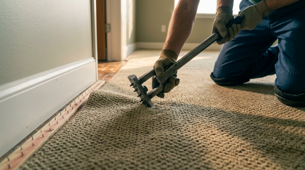 Carpet Cleaning & Home Services in Magna, UT - Father and Son Carpet Cleaning A person wearing gloves uses a tool to stretch and install carpet near a doorway on a residential floor in Magna UT.
