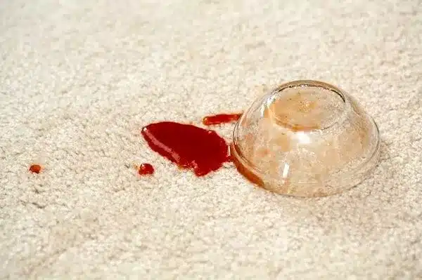 A stained glass containing blood on a carpet in need of cleaning and stain removal by carpet cleaners near Salt Lake City.