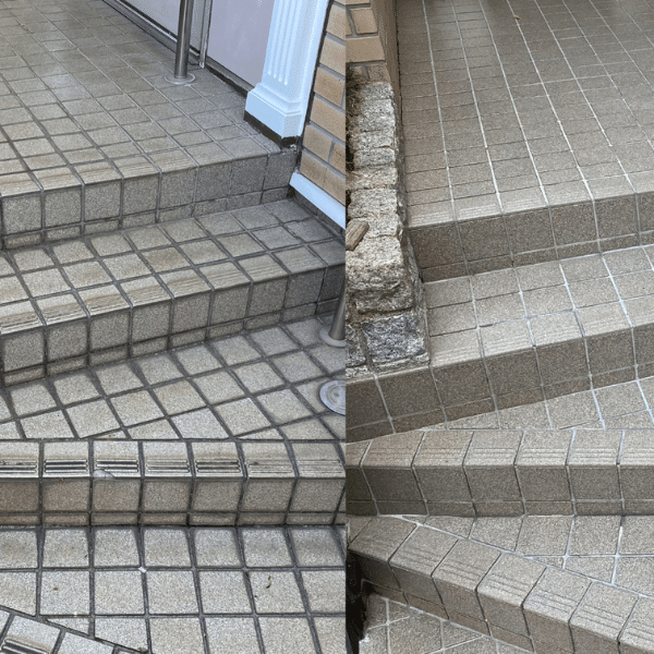 Two tiled staircases with beige and gray square tiles, both featuring railings and leading upwards near a brick wall—pristine results courtesy of Premier Cleaning Solutions in Davis County.