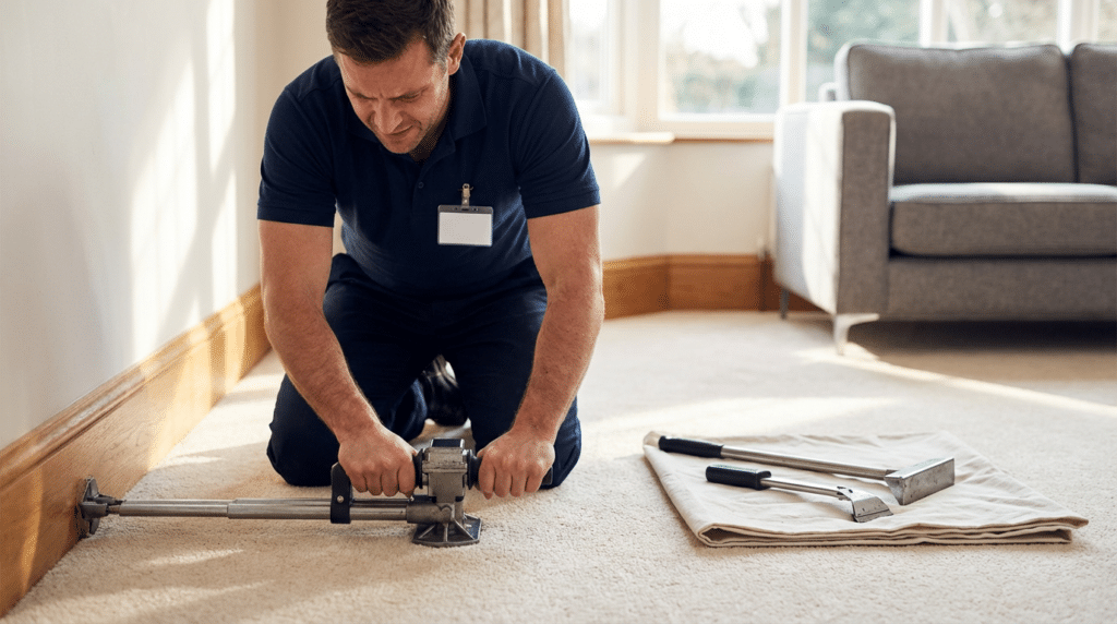 5 Common Carpet Repair Issues & When to Call a Pro - Father and Son Carpet Cleaning A man in uniform kneels on a carpet, addressing carpet issues with a carpet stretcher tool; additional equipment for professional carpet repair rests on a folded cloth nearby.