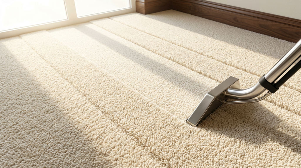 Carpet Cleaning & Home Services in Murray, Utah - Father and Son Carpet Cleaning A vacuum cleaner is being used to clean a light-colored carpet near a window with sunlight streaming in, leaving clean lines in the carpet.