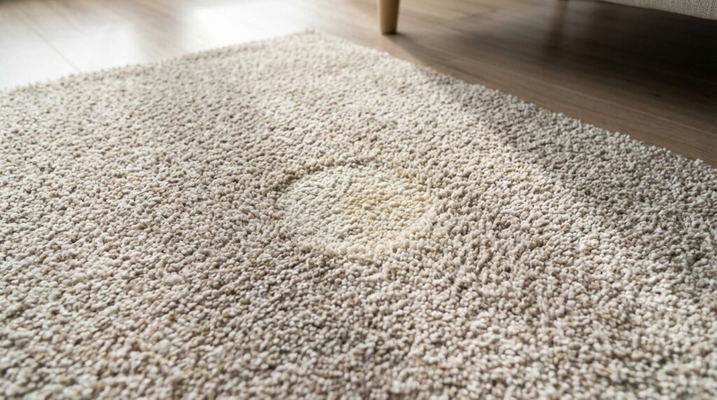 Understanding Pet Stain and Odor Removal for Sandy, Utah Homeowners - Father and Son Carpet Cleaning Close-up of a beige carpet with a visible light-colored stain in the center, ideal for showcasing pet stain removal and odor removal services in Sandy Utah, situated on a wooden floor near a piece of furniture.