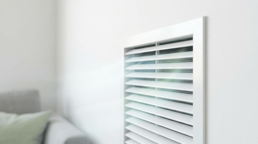 How Air Duct Cleaning Improves Indoor Air Quality - Father and Son Carpet Cleaning Close-up of a white air vent on a light-colored wall, with part of a sofa and a green pillow visible in the blurred background—highlighting the importance of clean air ducts for better indoor air quality.