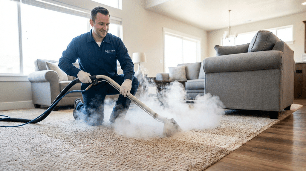 Carpet Cleaning & Home Services in South Salt Lake, UT - Father and Son Carpet Cleaning A man in work clothes is performing carpet cleaning with a steam cleaner on a beige carpet in a bright South Salt Lake living room with sofas and large windows.