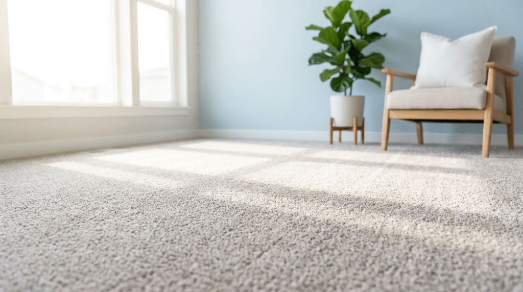 Carpet Cleaning & Home Services in South Jordan, UT - Father and Son Carpet Cleaning A sunlit South Jordan room with light-colored carpet, a potted plant, an upholstered chair, and light blue walls near large windows—perfect for showcasing quality home services like professional carpet cleaning.