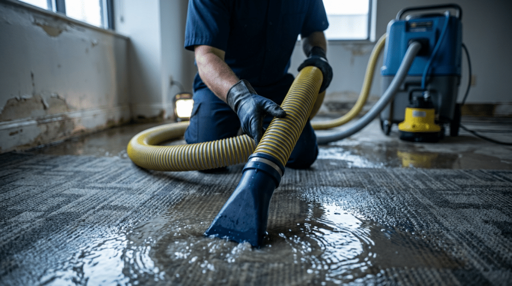 Flood Water Extraction FAQ - Father and Son Carpet Cleaning A person in gloves uses an industrial vacuum for flood water extraction, removing standing water from a carpeted floor in a damaged room.