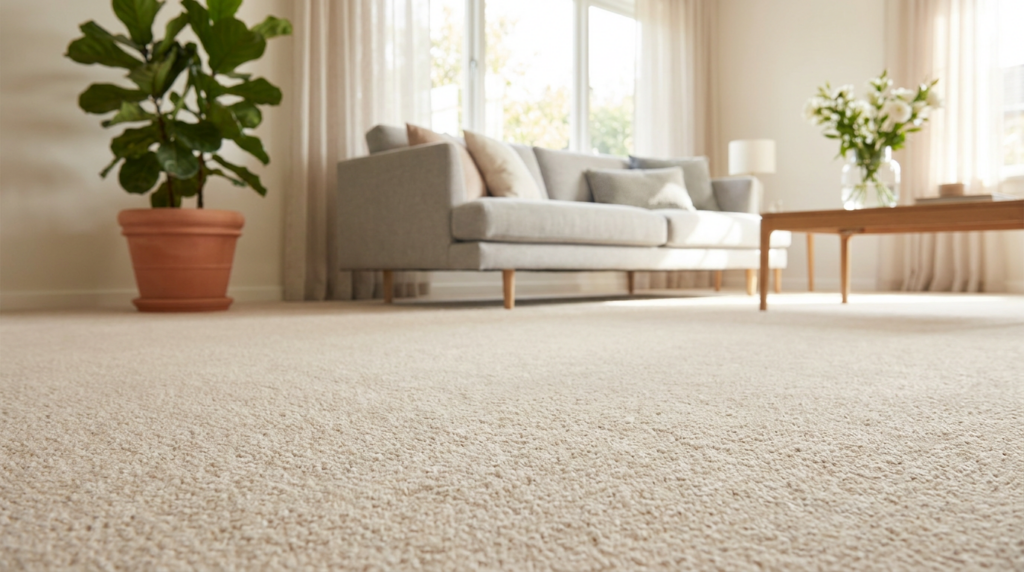 Carpet Cleaning & Home Services in Herriman, Utah - Father and Son Carpet Cleaning Close-up of a beige carpet in a bright living room with a gray sofa, potted plant, wooden coffee table, and large window with sheer curtains—showcasing the results of professional carpet cleaning by trusted home services in Herriman, Utah.