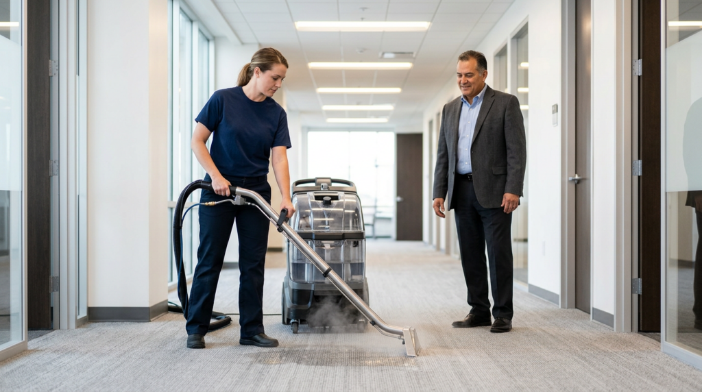 Commercial Carpet Cleaning Services FAQ: Common Questions Answered - Father and Son Carpet Cleaning A woman uses a professional carpet cleaning service in an office hallway while a man in a suit watches.
