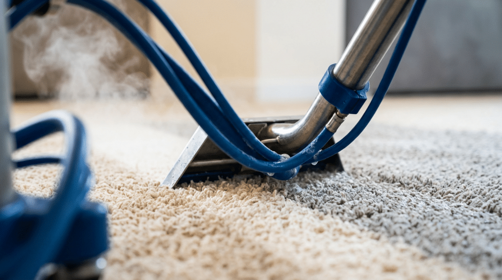 Expert Carpet Cleaning & Home Services in Draper, Utah - Father and Son Carpet Cleaning Close-up of a carpet cleaning machine using steam to clean a beige carpet in Draper, Utah, with blue hoses attached—showcasing expert home services.