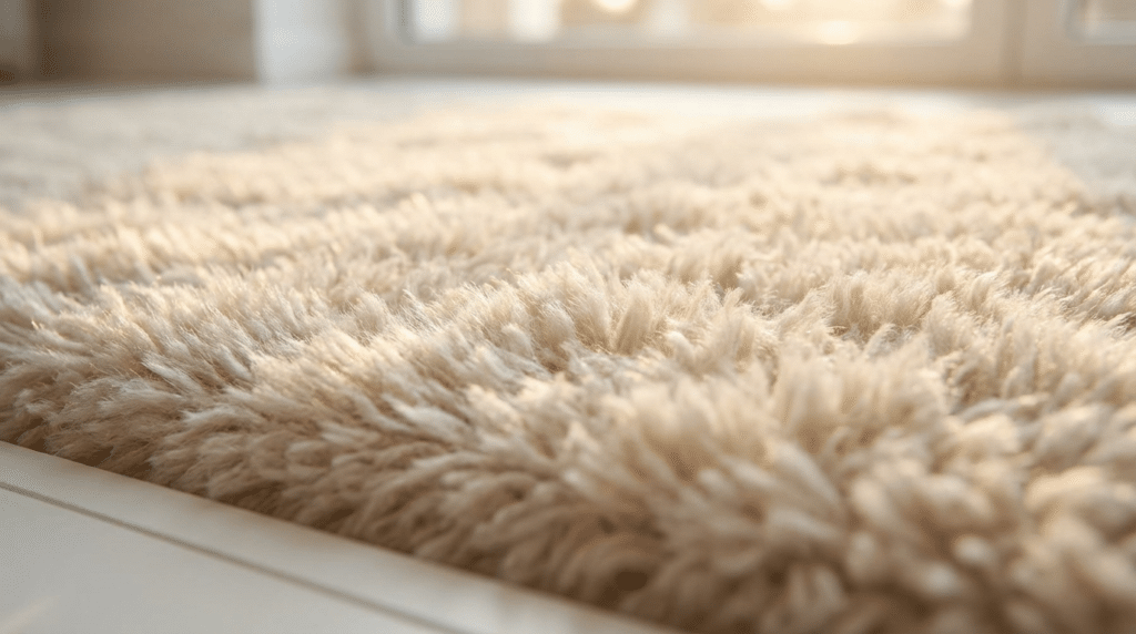 The Ultimate Guide to Carpet Cleaning Cost in Utah - Father and Son Carpet Cleaning Close-up view of a beige shaggy carpet with soft sunlight streaming through a window in the background, highlighting its fresh look after professional carpet cleaning in Utah.