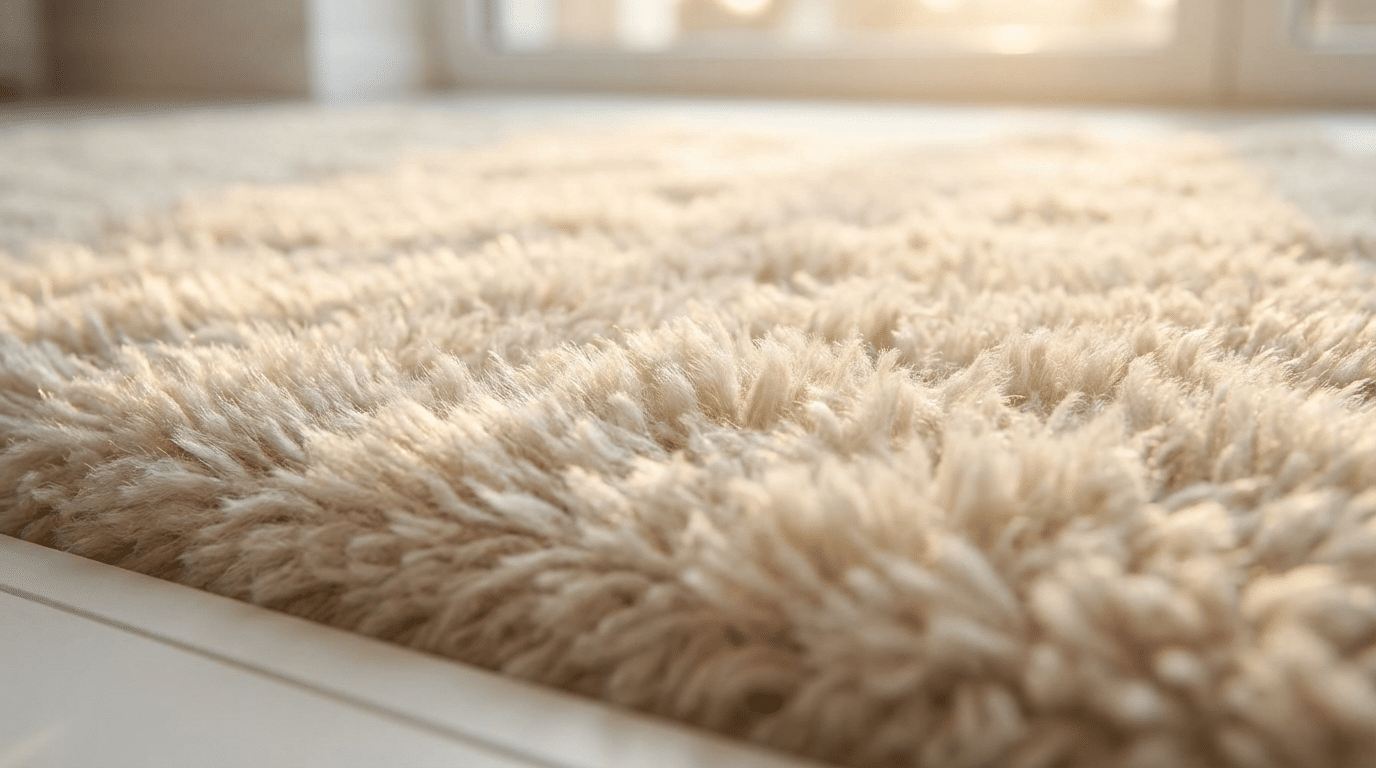 Close-up view of a beige shaggy carpet with soft sunlight streaming through a window in the background, highlighting its fresh look after professional carpet cleaning in Utah.