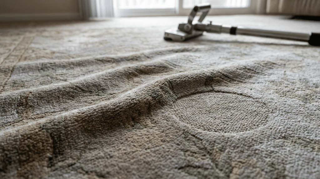 5 Common Carpet Repair Issues & When to Call a Pro - Father and Son Carpet Cleaning A vacuum cleaner sits on a carpet with visible indentations and a circular mark—common carpet issues that may benefit from professional carpet repair.