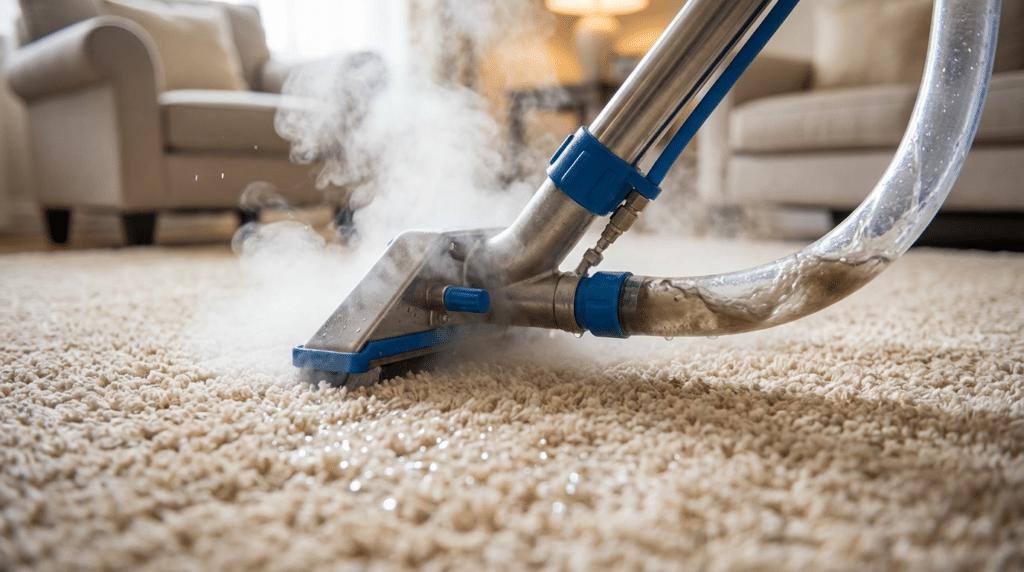A steam cleaning machine is being used for carpet cleaning in a Salt Lake City living room, with visible steam and water droplets refreshing the beige carpet fibers.