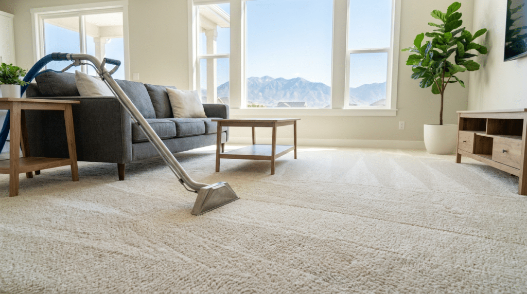 Carpet Cleaning & Home Services in South Jordan, UT - Father and Son Carpet Cleaning A carpet cleaning machine is being used in a bright South Jordan living room with a gray sofa, coffee table, TV stand, and large windows showing mountains.