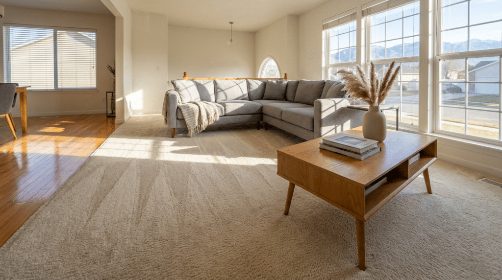 The Ultimate Guide to Carpet Cleaning Cost in Utah - Father and Son Carpet Cleaning Bright living room in Utah with a large gray sectional sofa, wooden coffee table, carpeted floor, and big windows letting in natural light—consider the carpet cleaning cost to keep this inviting space fresh.