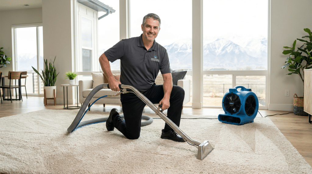 Carpet Cleaning & Home Services in South Salt Lake, UT - Father and Son Carpet Cleaning A man kneels on a carpet using a professional Carpet Cleaning machine in a bright South Salt Lake living room with large windows and mountain views.