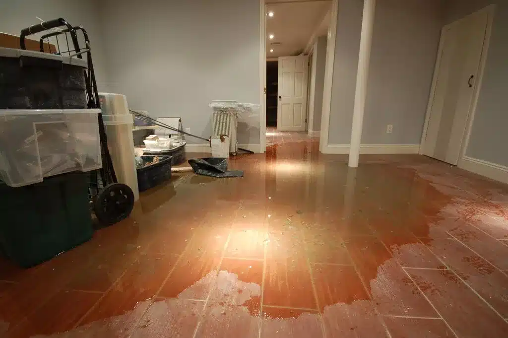 A room with a flooded floor and a trash can in need of carpet cleaning and stain removal near Salt Lake City.