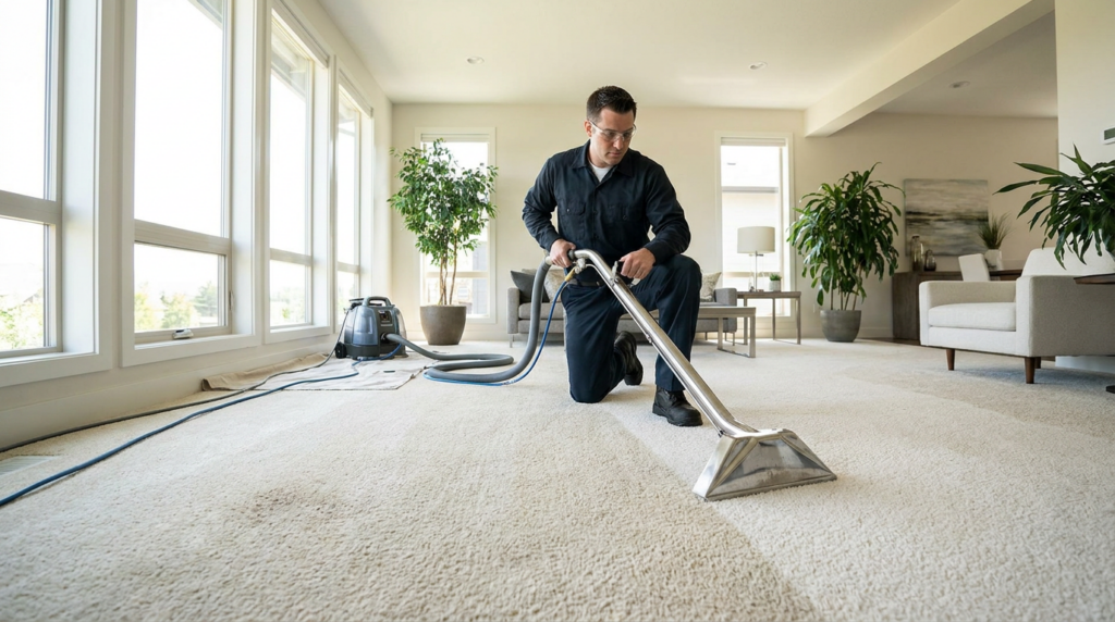 How to Choose the Right Residential Carpet Cleaning: Complete Guide - Father and Son Carpet Cleaning A man in work clothes uses a carpet cleaning machine on a light-colored carpet in a bright, modern living room with large windows and green plants.