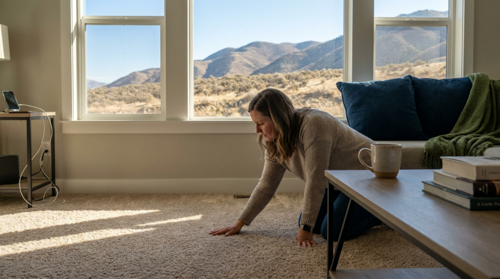 Carpet Cleaning & Home Services in Cottonwood Heights, Utah - Father and Son Carpet Cleaning A woman kneels on a carpeted floor in a sunlit living room, touching the carpet with one hand. Mountains are visible through large windows behind her, highlighting the serene beauty of Cottonwood Heights.
