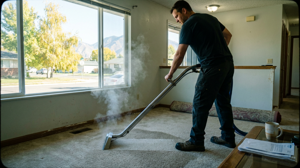 A man uses a steam cleaner on a carpet in a bright living room with large windows, mountain views, and sunlight streaming in—showcasing top-notch Carpet Cleaning as part of trusted Home Services in Kearns UT.